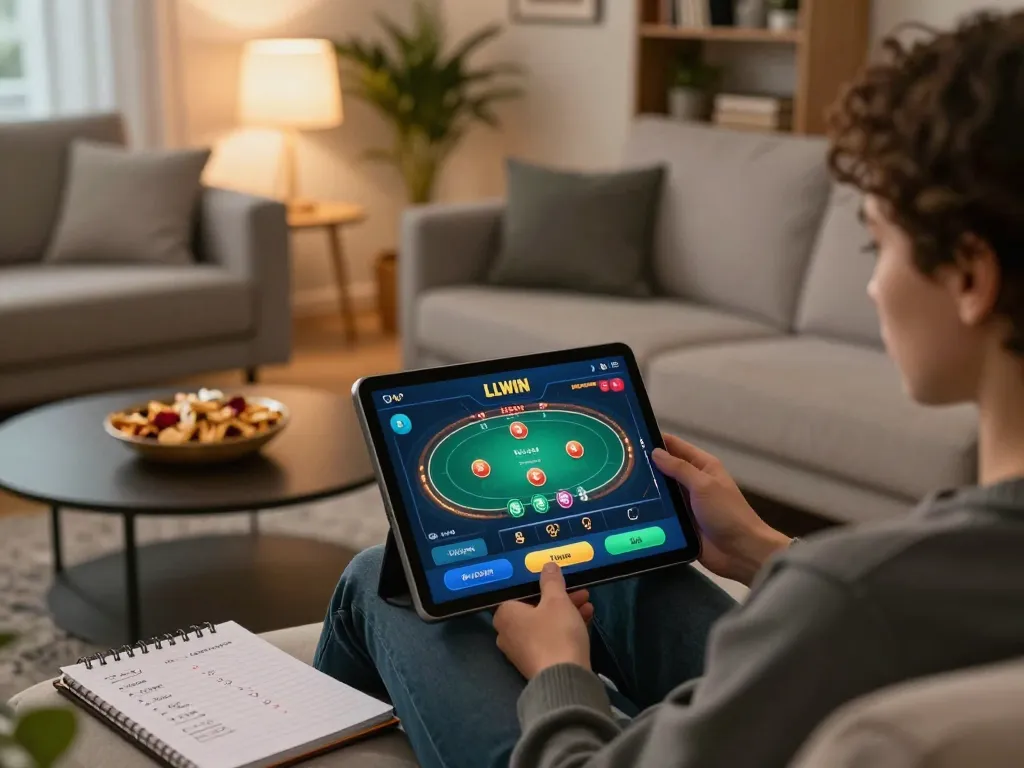 Engagement with the LLWIN Function during online casino gameplay, featuring a player on a tablet with poker graphics.