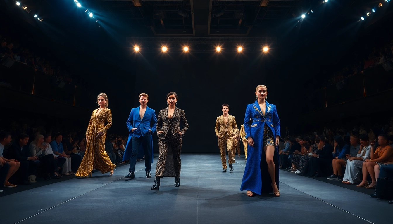 Alvionz models showcasing elegant luxury fashion on a vibrant runway.