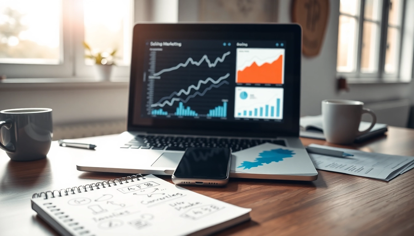 Online Marketing Strategien auf einem Schreibtisch mit Laptop und Analysediagrammen