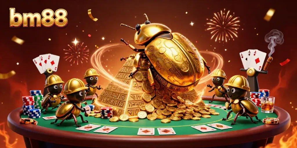 Experience excitement with bm88 as golden beetles roll coins, themed around casino thrills.