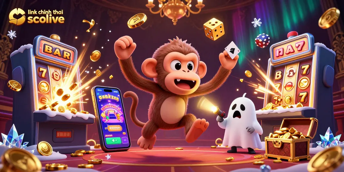 Experience the excitement of link chính thức socolive with a dynamic gambling scene featuring a playful monkey and ghost-hunter puppy.
