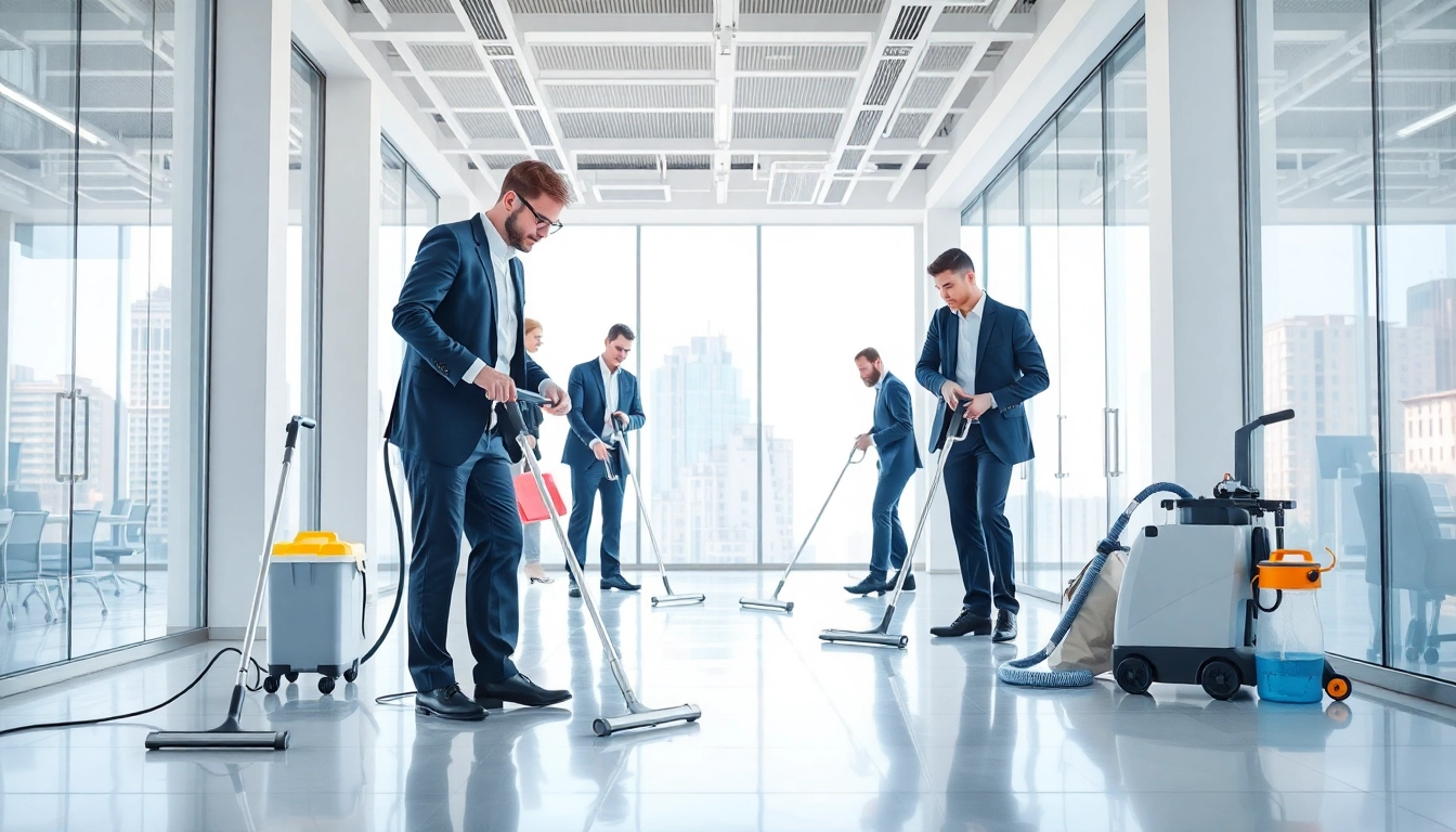 Professionelles Team bei der gebäudereinigung münchen in einem modernen Bürogebäude