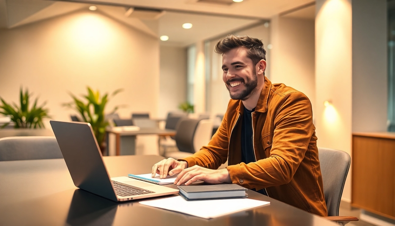 Motivierter Vertriebler arbeitet an seinem Laptop, um geeignete Vertriebsmitarbeiter zu finden.