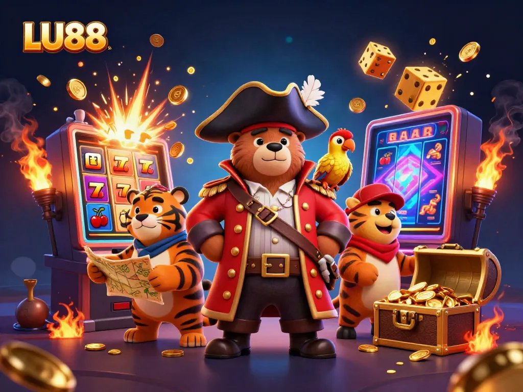 LU88 launches a thrilling adventure with a 3D pirate bear and his tiger mate celebrating a jackpot.