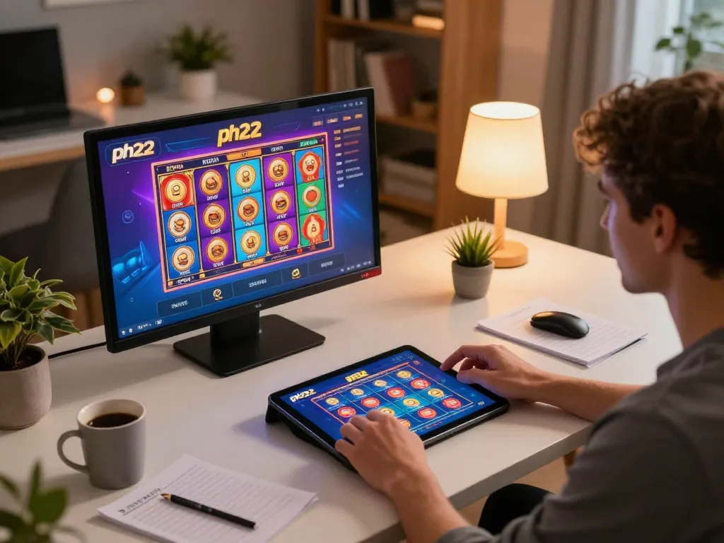 Engaging scene of a player enjoying ph22 casino games on a tablet in a cozy home setting.