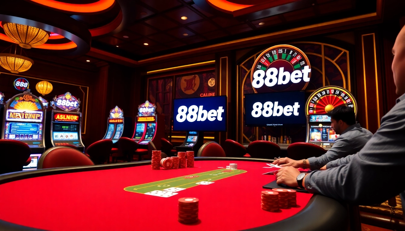 An exciting casino scene with 88bet branding, highlighting a poker table, roulette wheel, and vibrant slot machines.