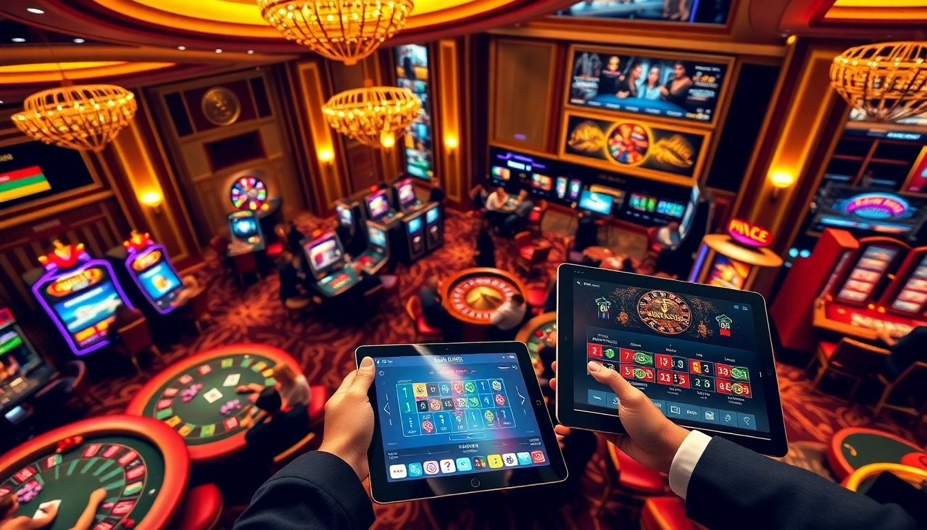 Players enjoying a lively casino atmosphere at uu88 with poker and slot games in view.