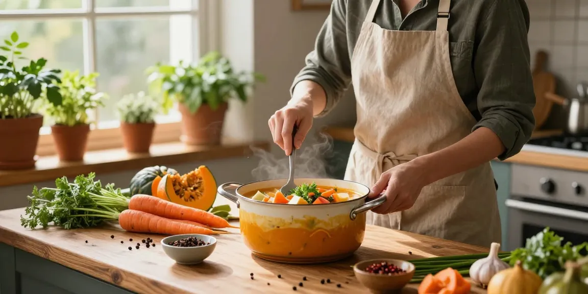 Leckere vegane Suppen, die in einer warmen und einladenden Küche für herbstliche Mahlzeiten zubereitet werden