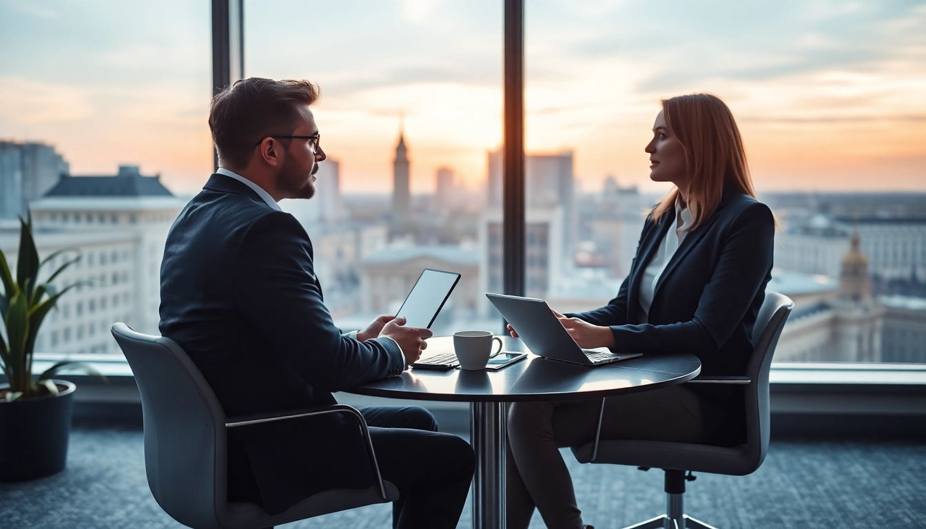 Professioneller Austausch zwischen einem Headhunter Berlin und einem Kandidaten in einem modernen Büro.
