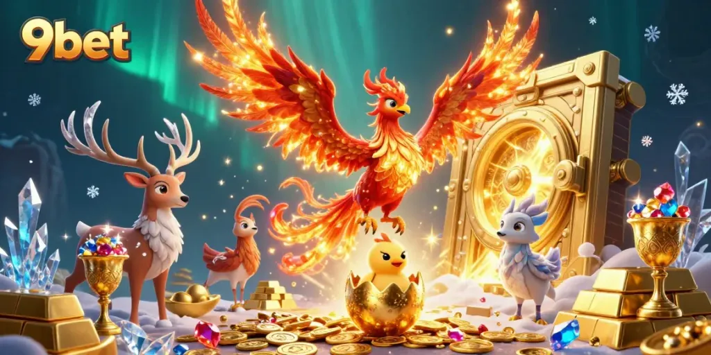 Engage with 9bet's vibrant casino magic through fiery phoenixes amidst gleaming treasure.