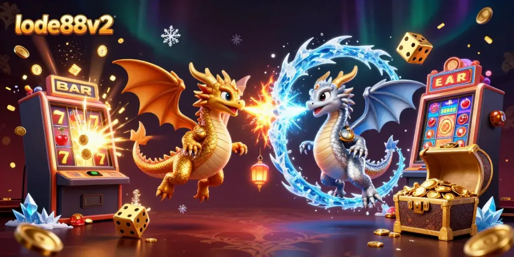 Experience the thrill of lode88v2 with dynamic dragons amidst a jackpot explosion and vibrant gaming elements.
