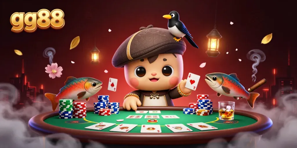 Experience excitement at gg88 with lively 3D cartoon characters enjoying poker and vibrant casino elements.
