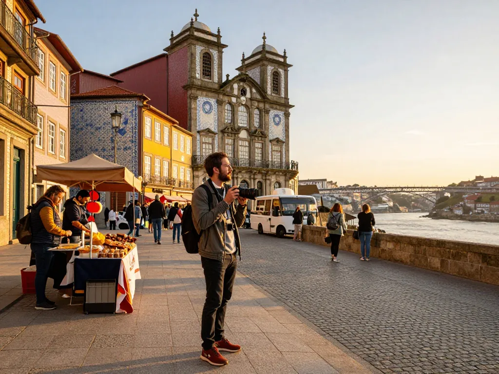 Reisetipps Porto: Reisender, der die charmanten Straßen und die Architektur in der lebhaften Atmosphäre Portos genießt.