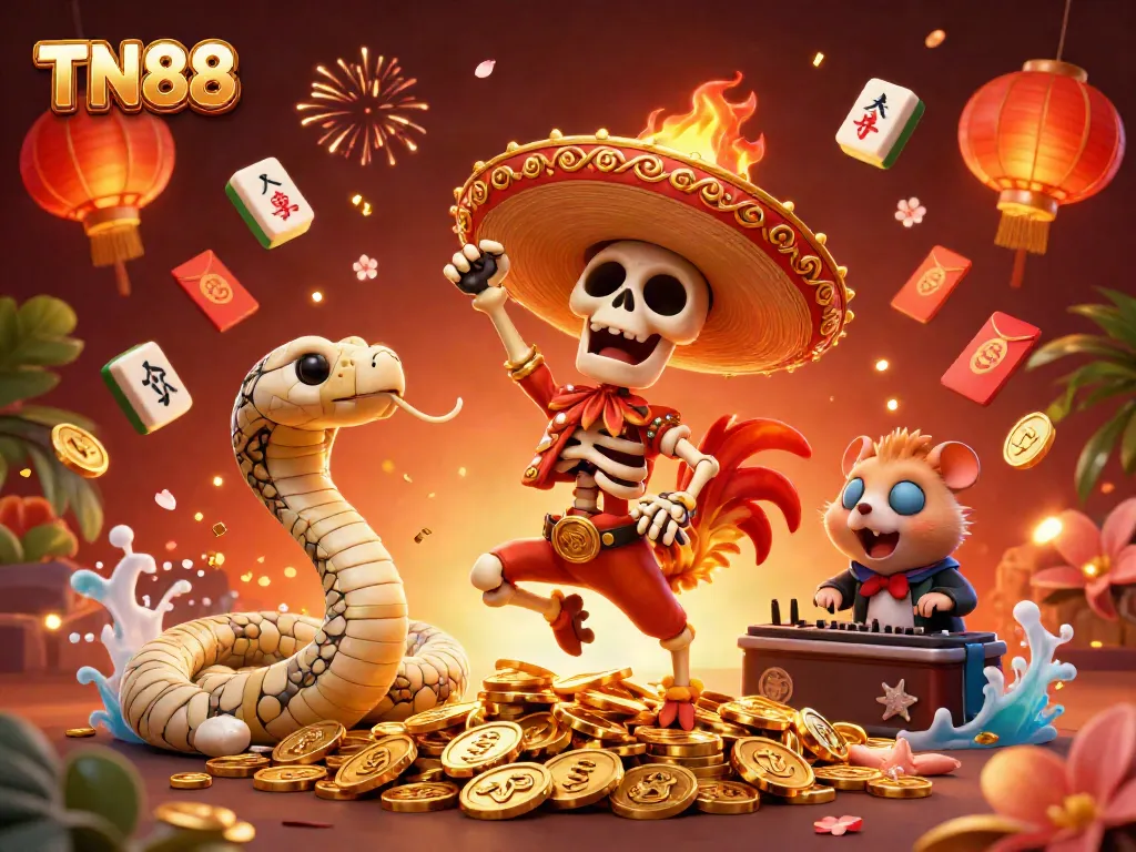 Experience the thrill of TN88 with cartoon characters celebrating over golden coins in a vibrant casino scene.