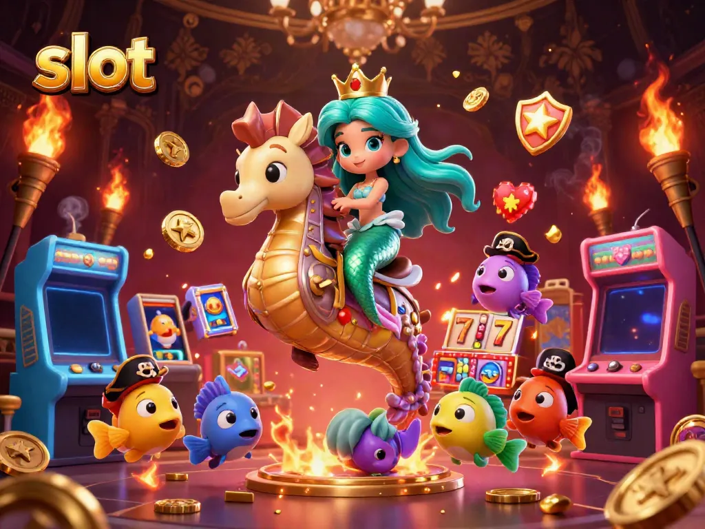 Experience thrilling slot gameplay with a mermaid princess and seahorse in a vibrant 3D casino scene.