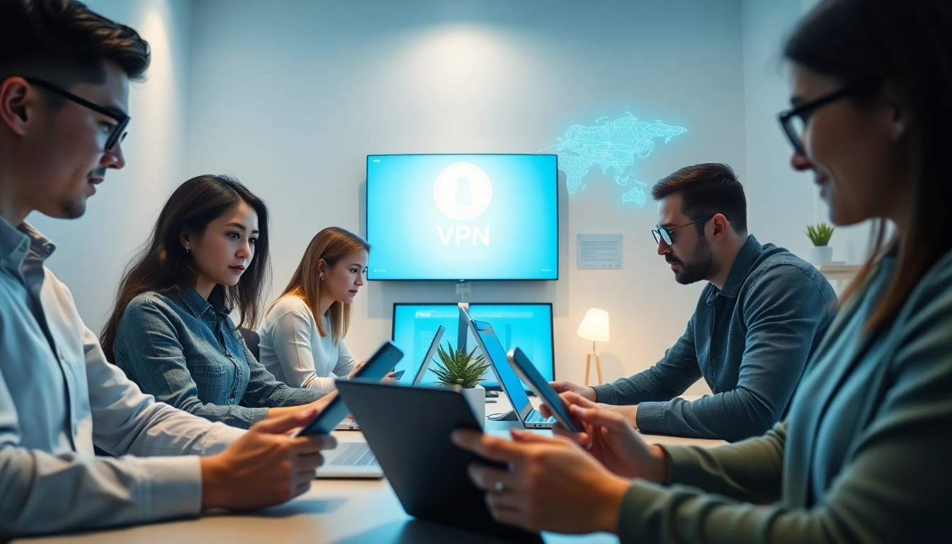 Using 快连官网 at a modern workspace, showcasing high-tech device interactions and privacy protection.