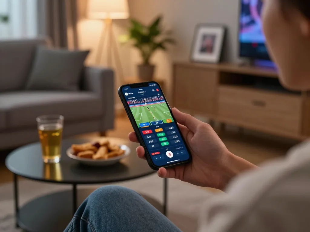Engaging online sports betting experience at https://vmax88vip.com/ with mobile app interface and cozy ambiance.