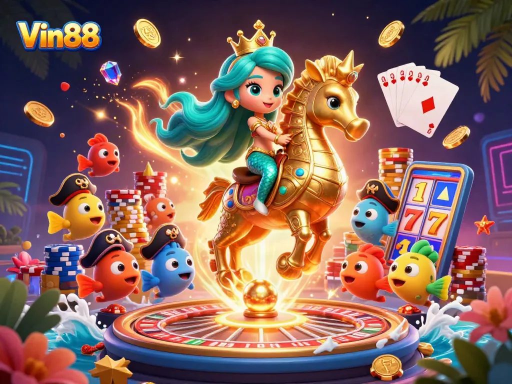 Engage in thrilling casino action with Vin88's colorful mermaid adventure and vibrant gaming elements.