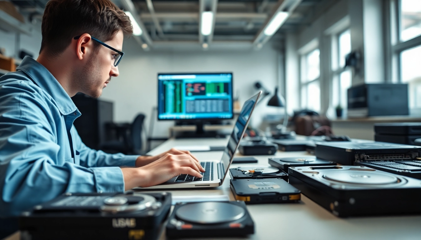 Datenrettung Festplatte Wien durch einen spezialisierten Techniker in einem modernen Arbeitsumfeld.