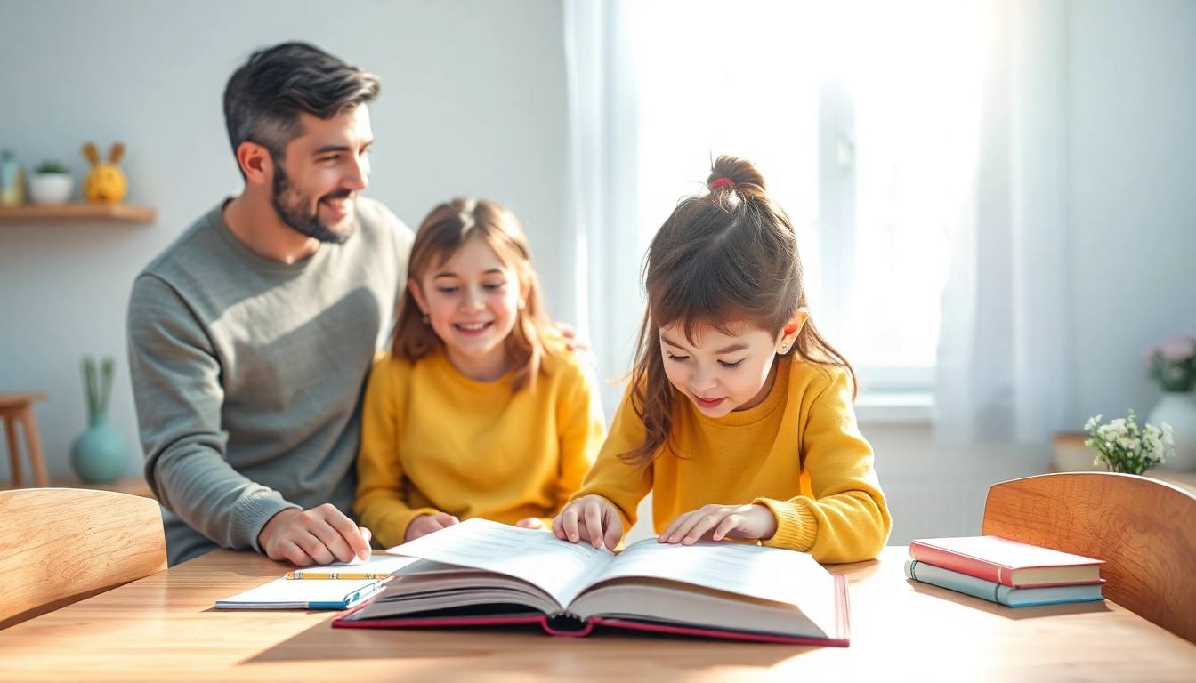 Kindererziehung in Aktion: Eine Familie unterstützt ihr Kind beim Lernen am Tisch, umgeben von Schulmaterial.