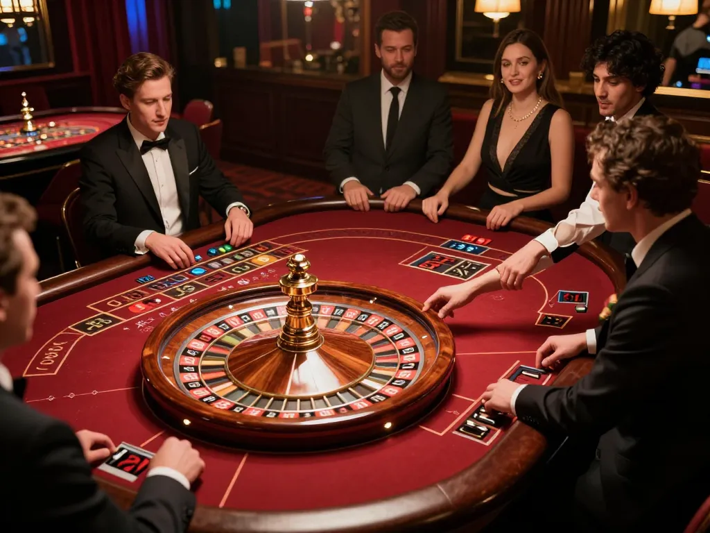 Players contemplate bets at New88 com roulette table, capturing the thrill of casino gaming.