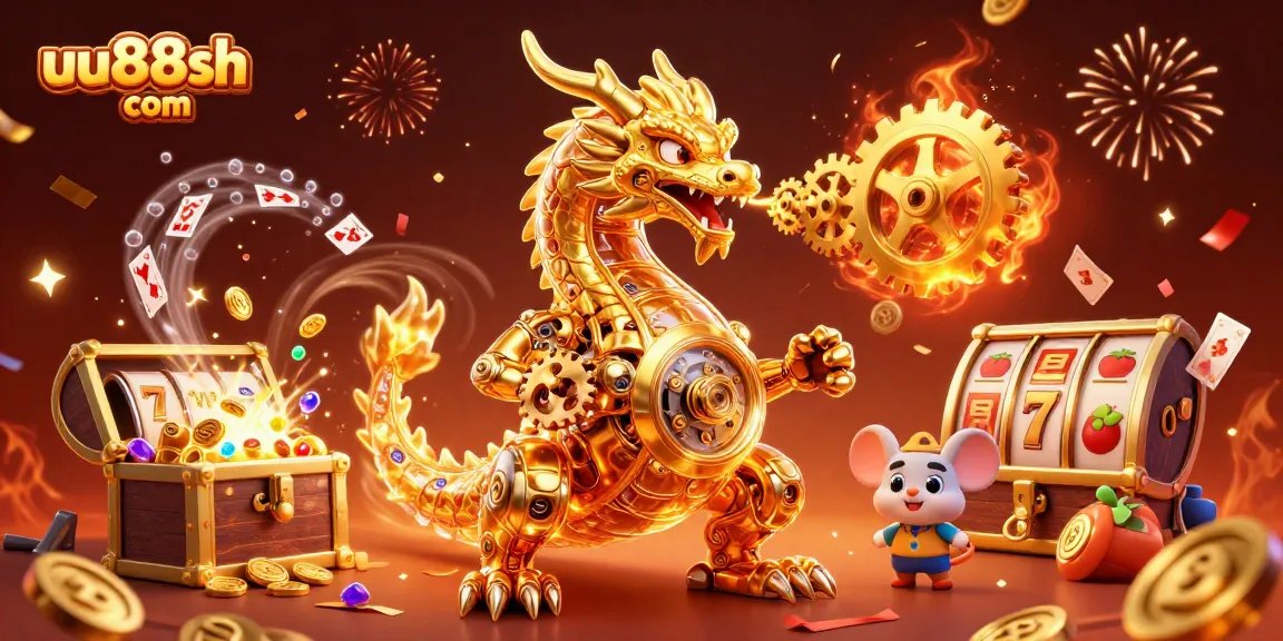 Engage with uu88sh com's exciting gaming scene featuring a golden dragon and jackpots in a vibrant setting.