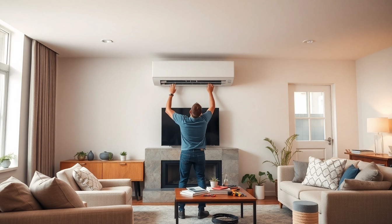 Klima installieren: Expert installing a stylish air conditioning unit in a modern living room setting.