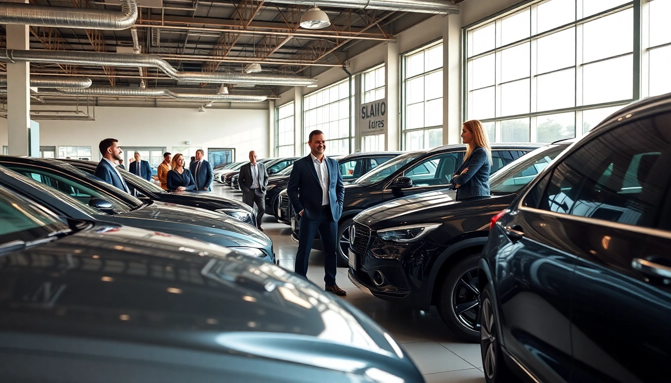 Erleben Sie das Auto kaufen in einem modernen Autohaus mit glücklichen Kunden und glänzenden Autos.