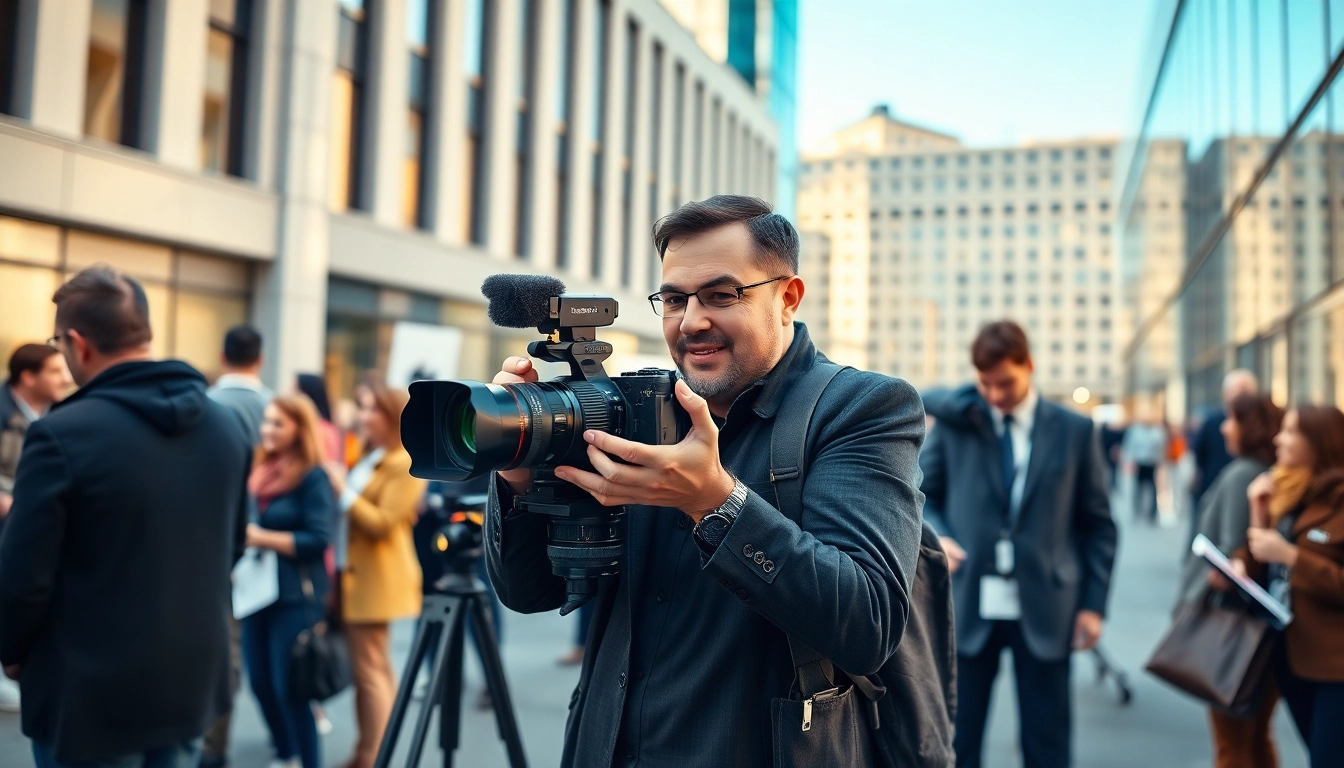 Professioneller Businessfotograf München bei einer Veranstaltung hält eine Kamera.