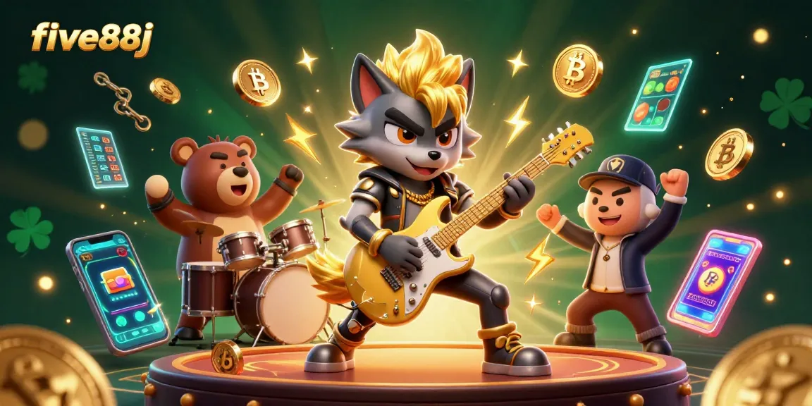 Experience the thrill of five88j with a cartoon rock star wolf and drummer bear in a vibrant casino scene.