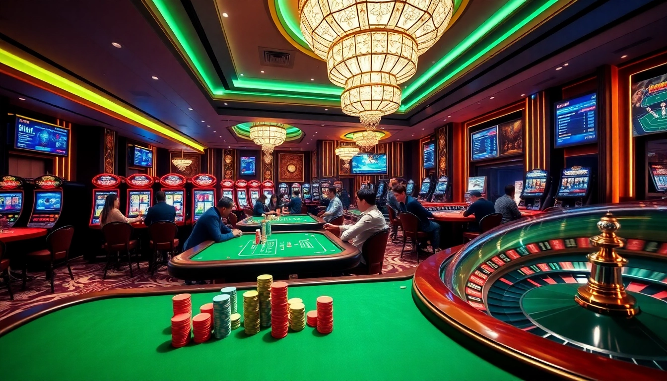 Enjoying an exciting game at 88i nhà cái casino table with vibrant chips and illuminated screens.