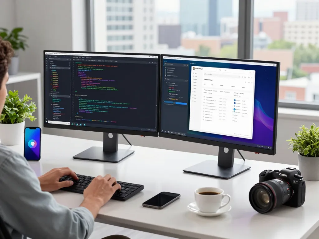 Productive workspace scene featuring Google Chrome with dual monitors and coding setup.