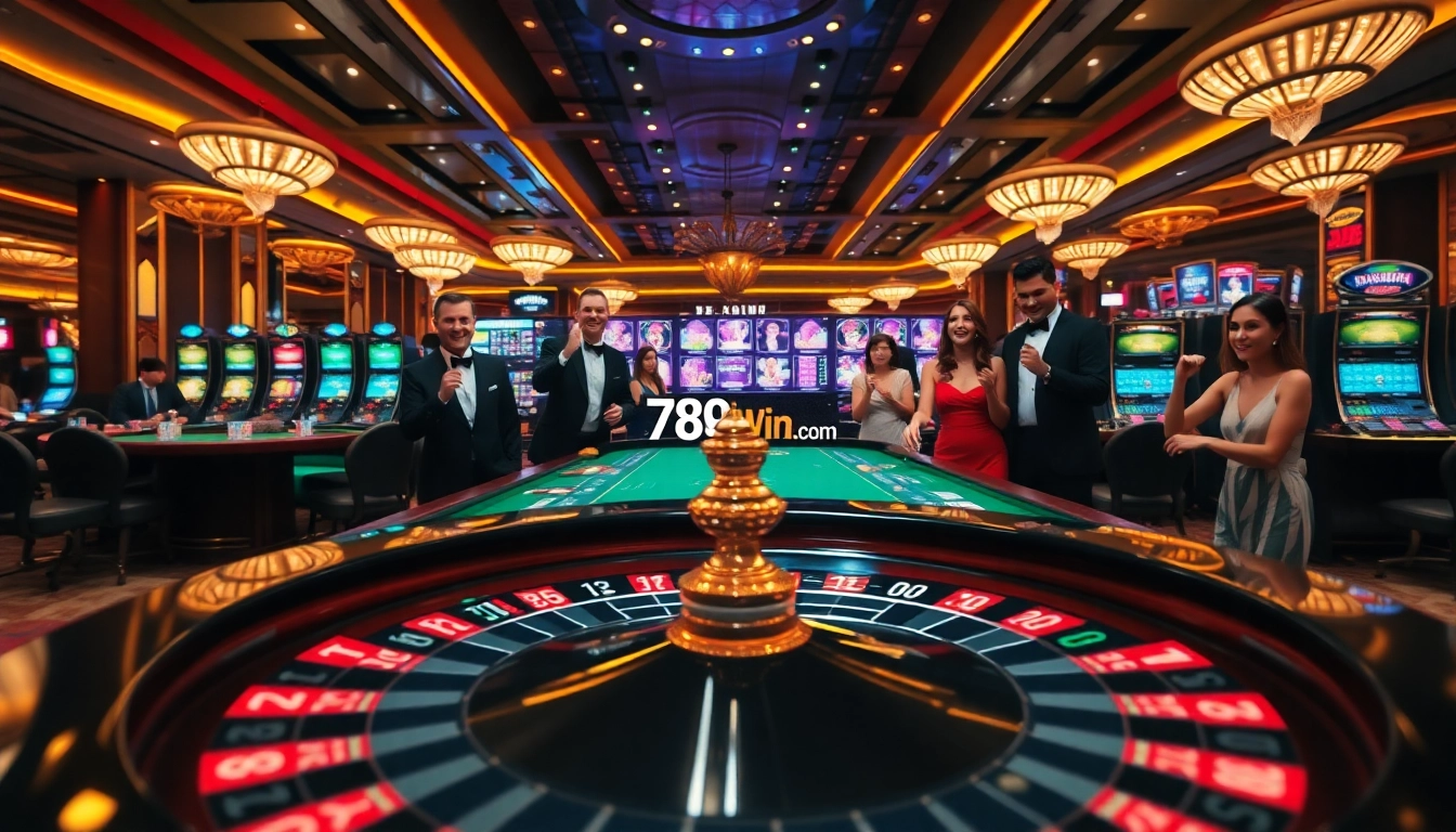 Engaging casino scene illustrating players enjoying games at 789win com, featuring roulette and poker tables.