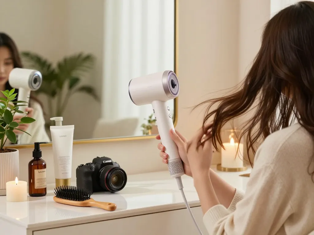 Verwendung des Laifen NEO Haartrockners für eine luxuriöse Haarstyling-Routine in einem stilvollen Ambiente.