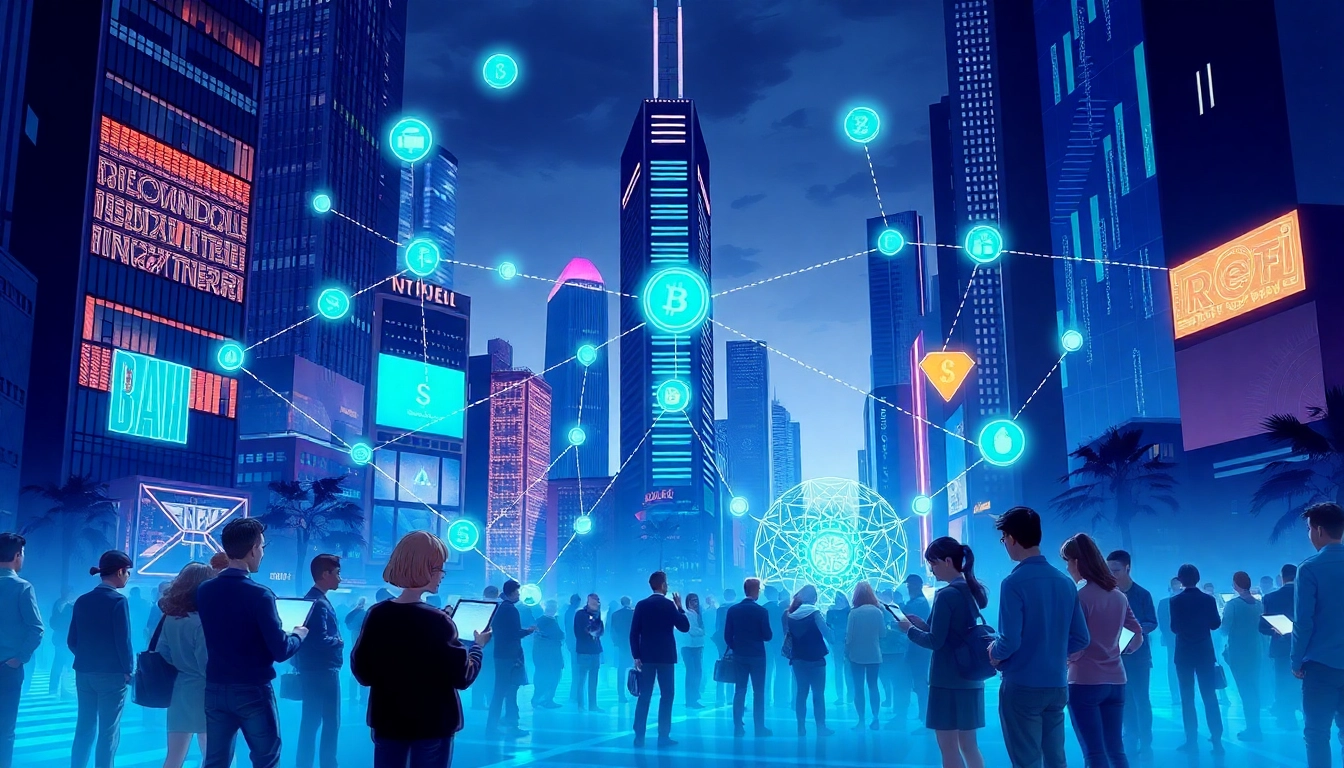 Suivez l'actualité DeFi à travers un écosystème numérique vibrant et animé, illustrant l'innovation financière.