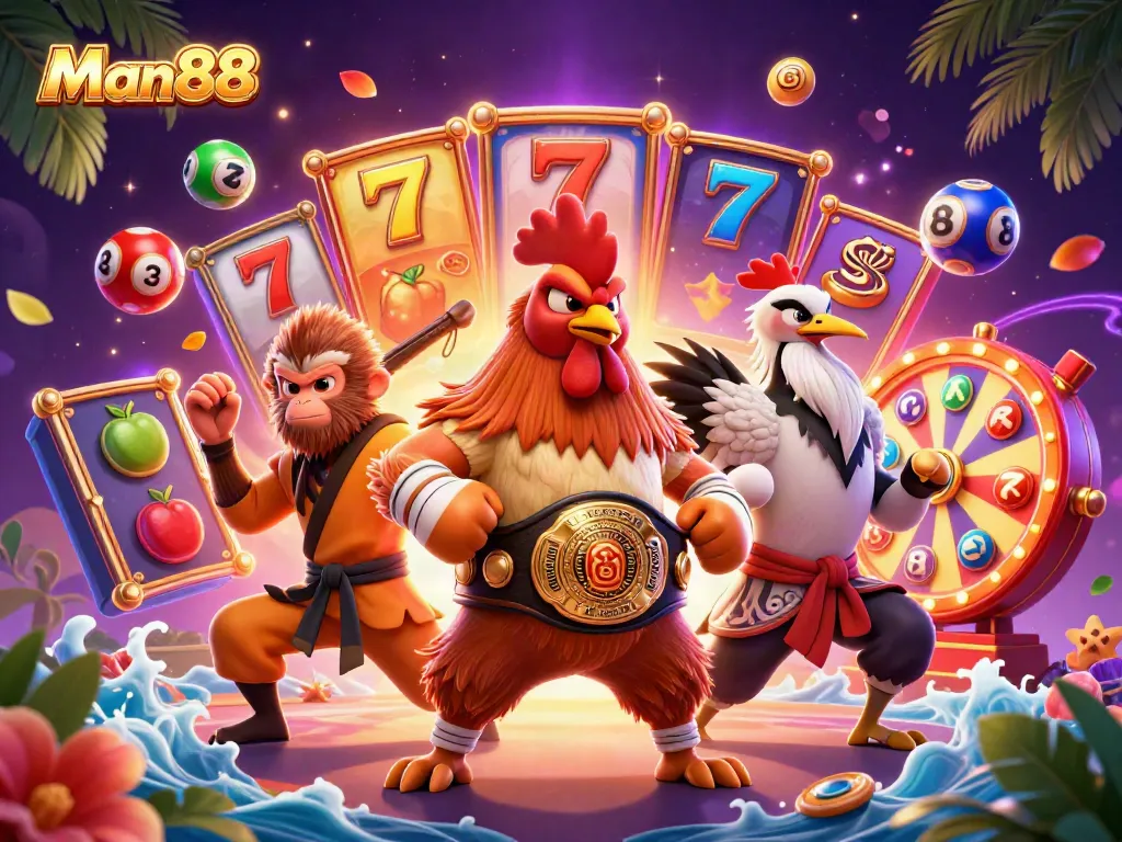 Experience the thrill with Man88 through a dynamic casino scene featuring vibrant slots and exciting characters.