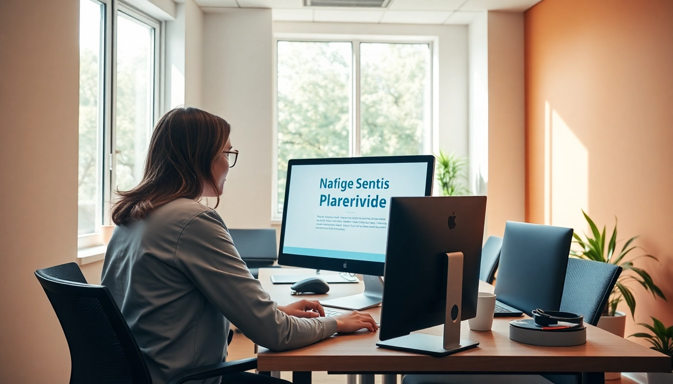 Pflegepersonal, das digitale werbung pflegedienst erstellt, in einem modernen Büro mit natürlichem Licht.