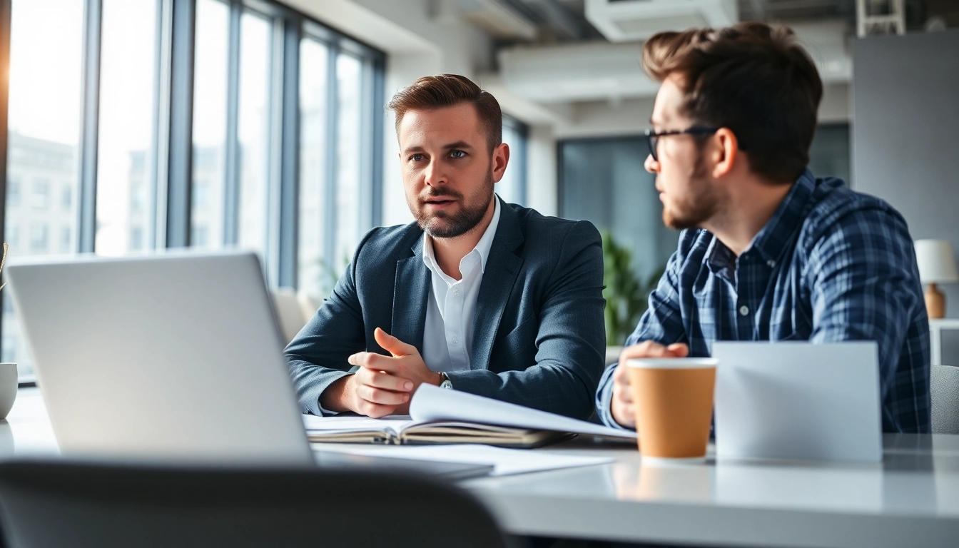 Headhunter Ingenieure engaged in a professional conversation in a modern office setting.