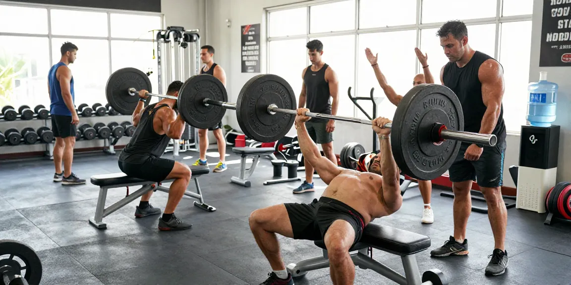 Powerful bodybuilders training at the Anabolika Shop gym with weights, demonstrating strength and determination.