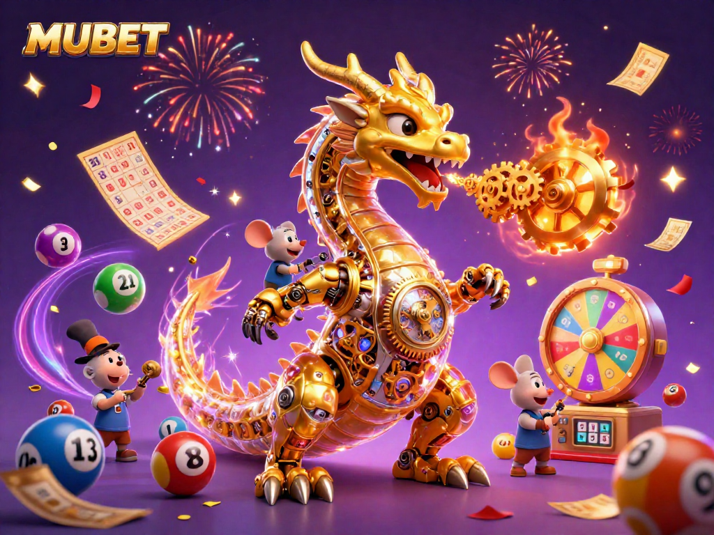 MUBET's exciting lottery illustration showcasing colorful balls and a mystical dragon