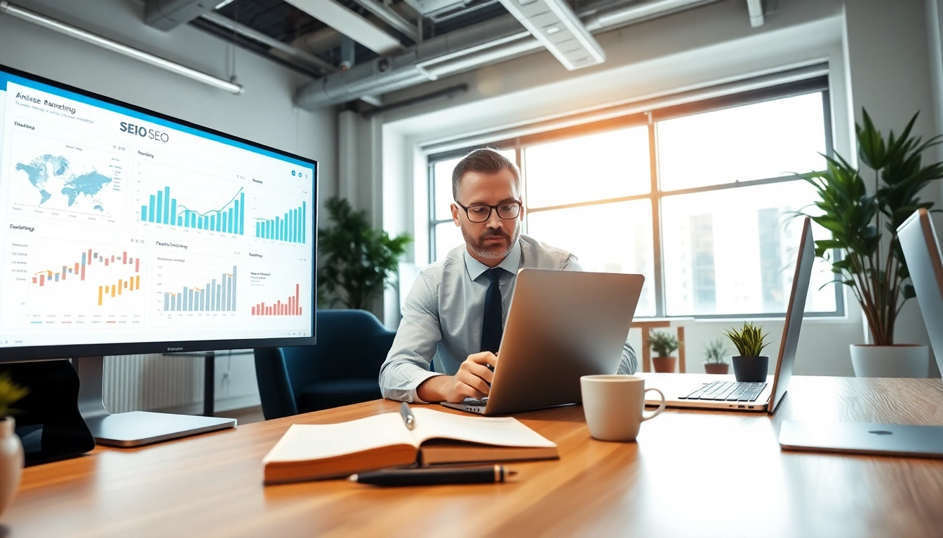Analysing seo strategies in a modern workspace with multiple screens displaying analytics.
