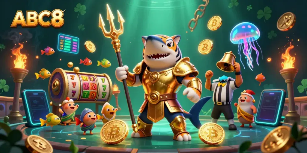 Experience the thrill of ABC8 with a dynamic underwater casino battle featuring a tiger shark and jackpot elements.