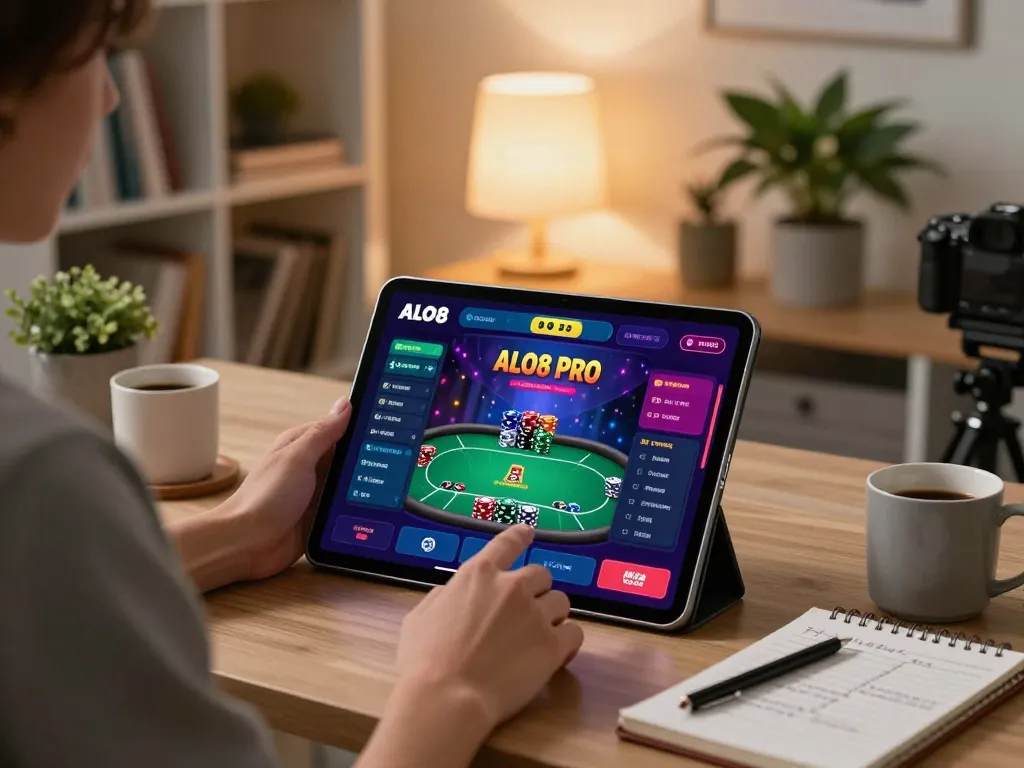 Engaging with ALO8 PRO on a tablet for strategic poker gameplay in a stylish home.