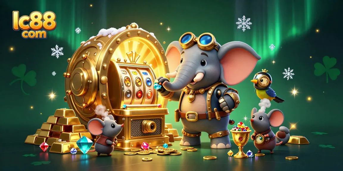 Spin the reels at lc88 com with a steampunk elephant operating a golden slot machine amidst treasures.