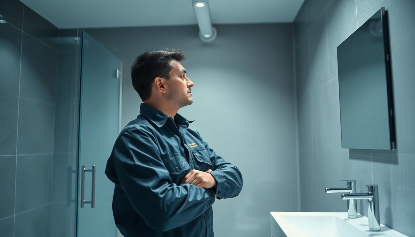 Professioneller Elektroinstallateur im Einsatz: Installateur Notdienst für Sanitärlösungen in modernem Badezimmer.