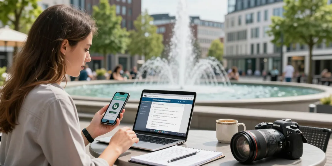 Beratung zur Autoversicherung in Dortmund über WhatsApp, junge Frau mit Smartphone am Tisch in der Stadt.