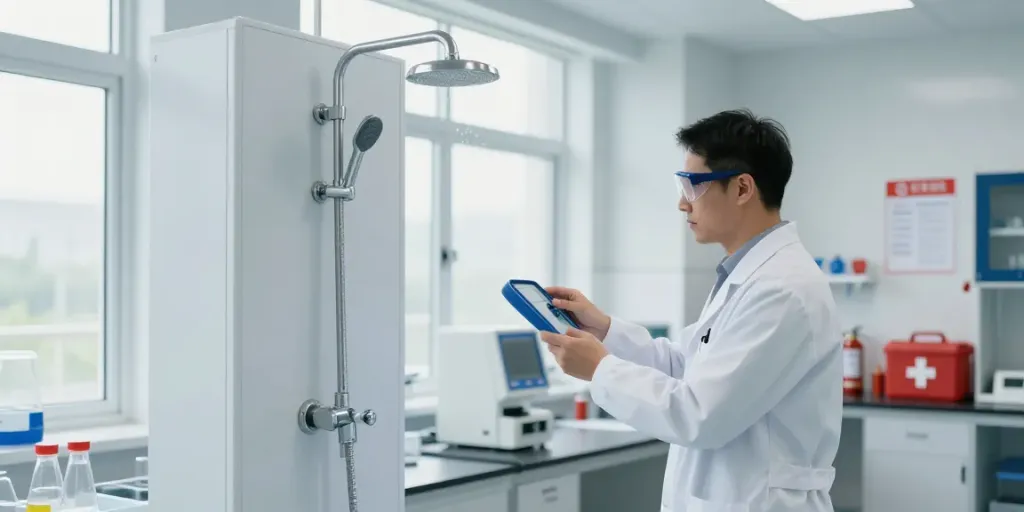 Stationary emergency shower for businesses showcased in a modern laboratory, emphasizing safety and compliance.