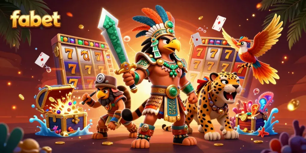Experience the thrill of fabet with an Aztec warrior and vibrant slot elements, capturing the excitement of online gaming.