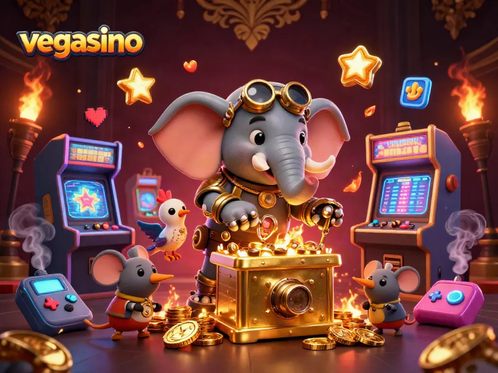 Spin the reels at vegasino with a steampunk elephant engineer and vibrant gaming elements.