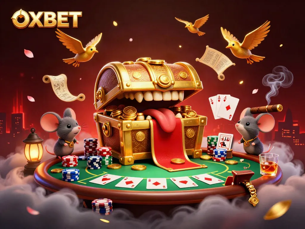 Experience the thrill of OXBET with a vibrant casino illustration featuring poker excitement.